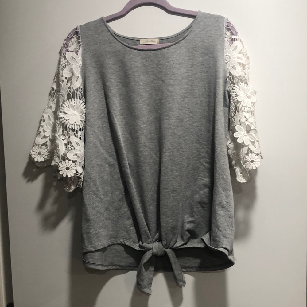 Gray and White 3/4 Sleeve Tie Front Tops